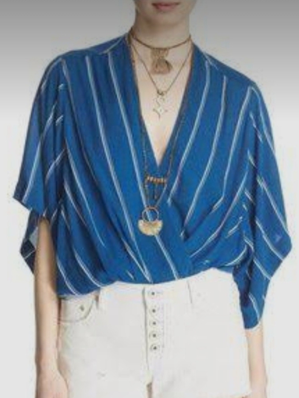 Free People B-Day Neck Faux Wrap Striped Dolman Top Blue White Large Reposh